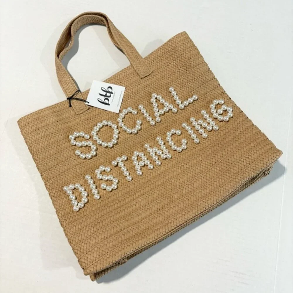 NWT Beyond the Beach Social Distancing Straw Tote Pearl Embellished Bag
